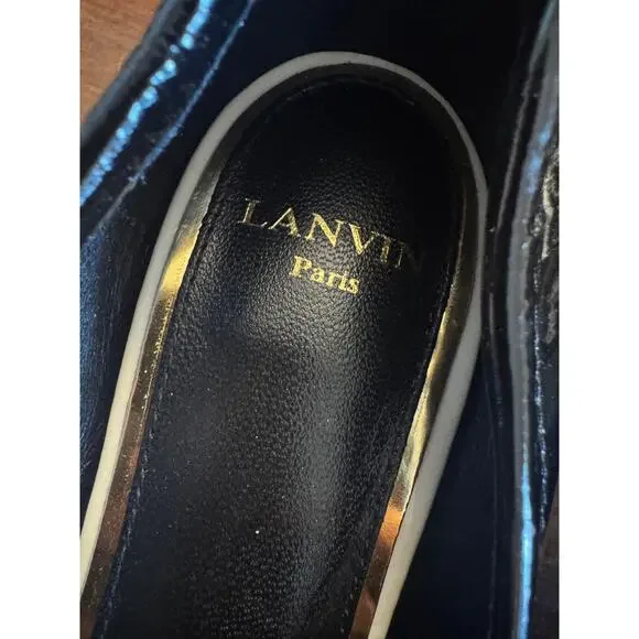 Lanvin cube-heel cap toe ballet pumps black patent leather women's size 37/ 7 - Picture 2 of 6